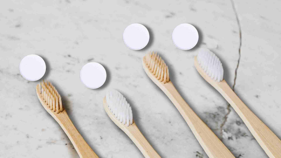 a group of toothbrushes and Toothpaste Tablets