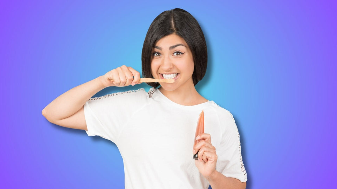 A woman brushing using kids toothpaste