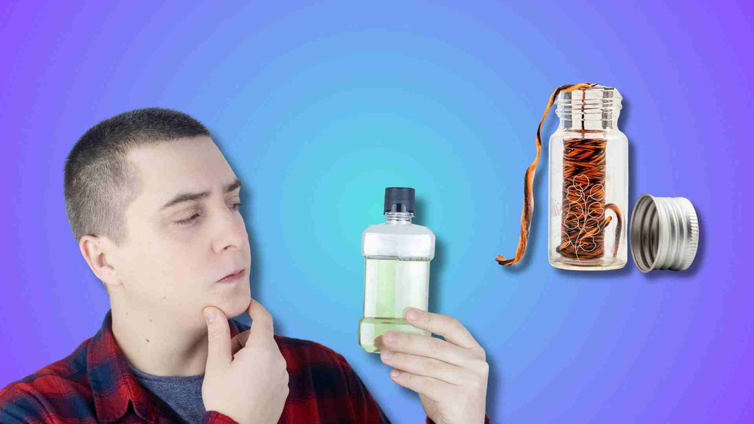 A man holding mouthwash