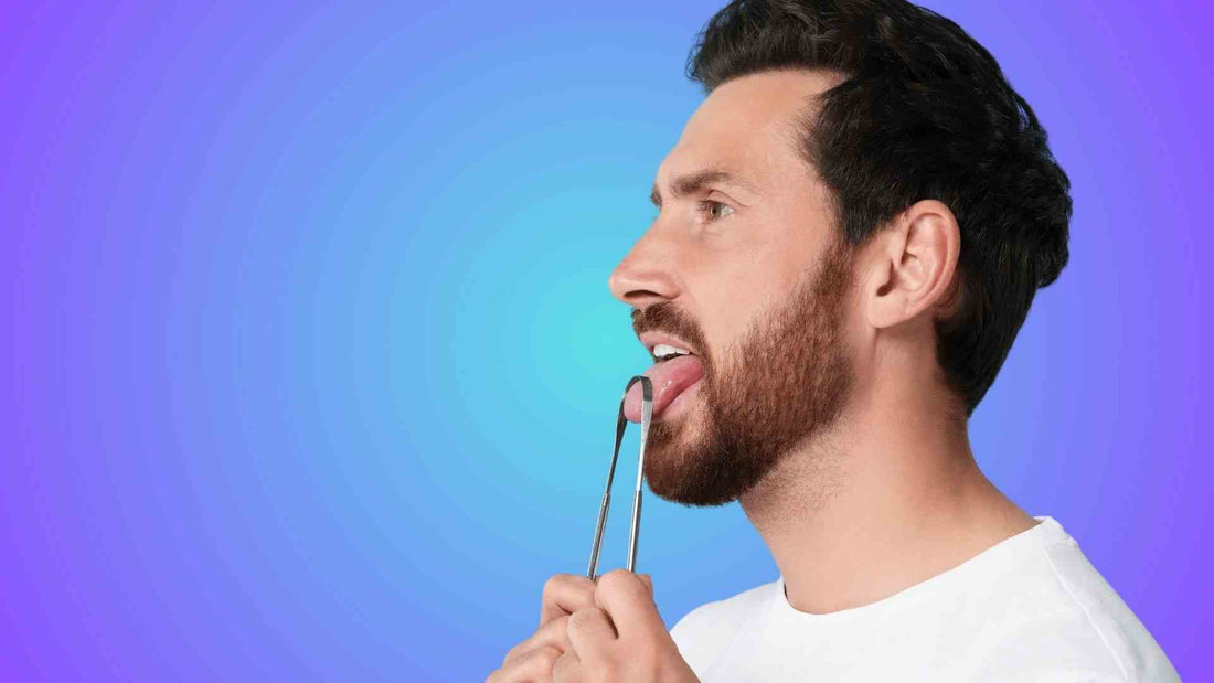  A man using tongue scraper