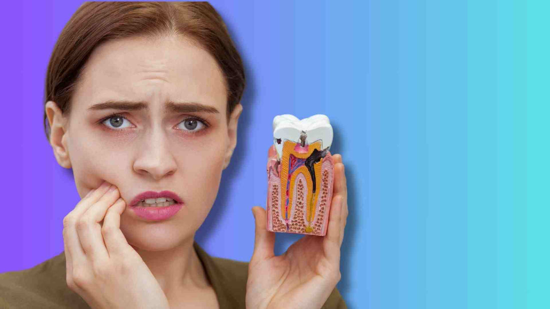 A woman holding tooth model